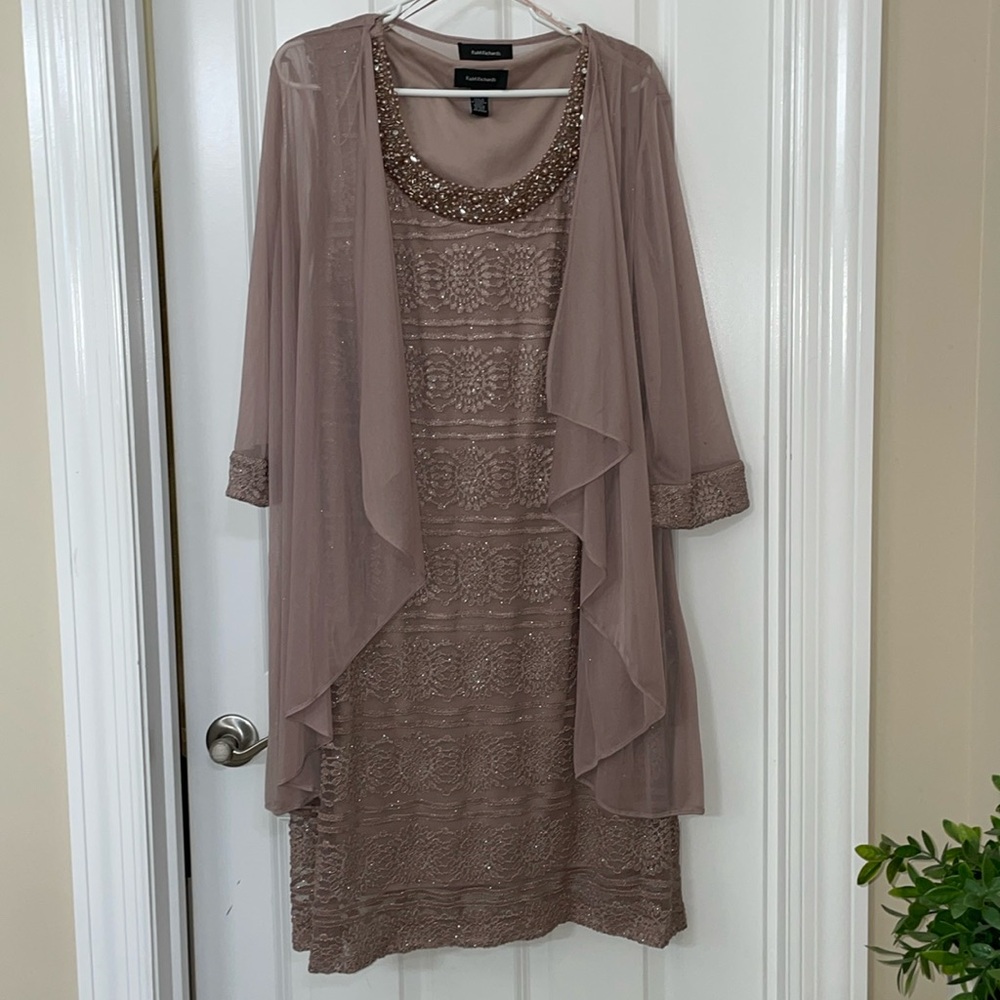 R & M Richards Taupe Lace Wedding Dress with Jacket